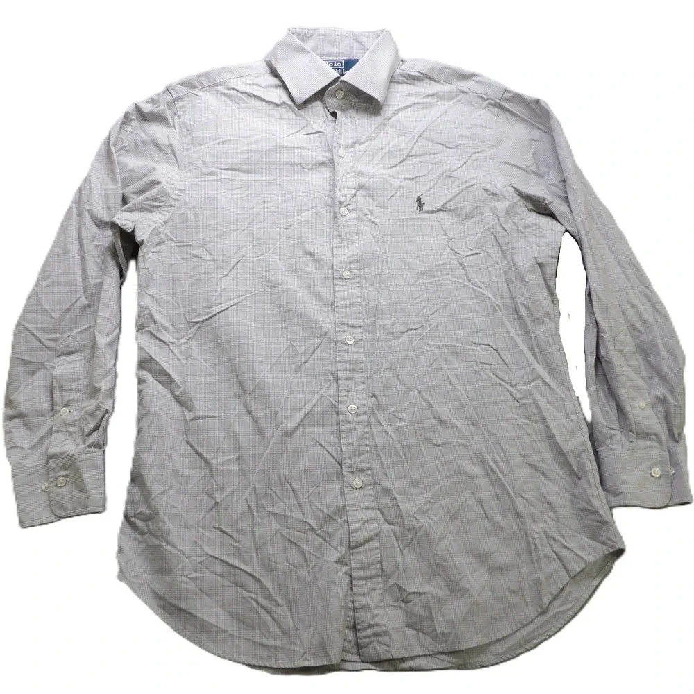 VTG Polo Ralph Lauren Regent BD Shirt Men 16 32/33 Gray Gingham Pony Cotton LS